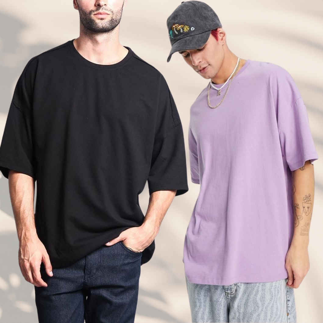 Men's Oversized Plain Black & Lavender T-shirt Combo
