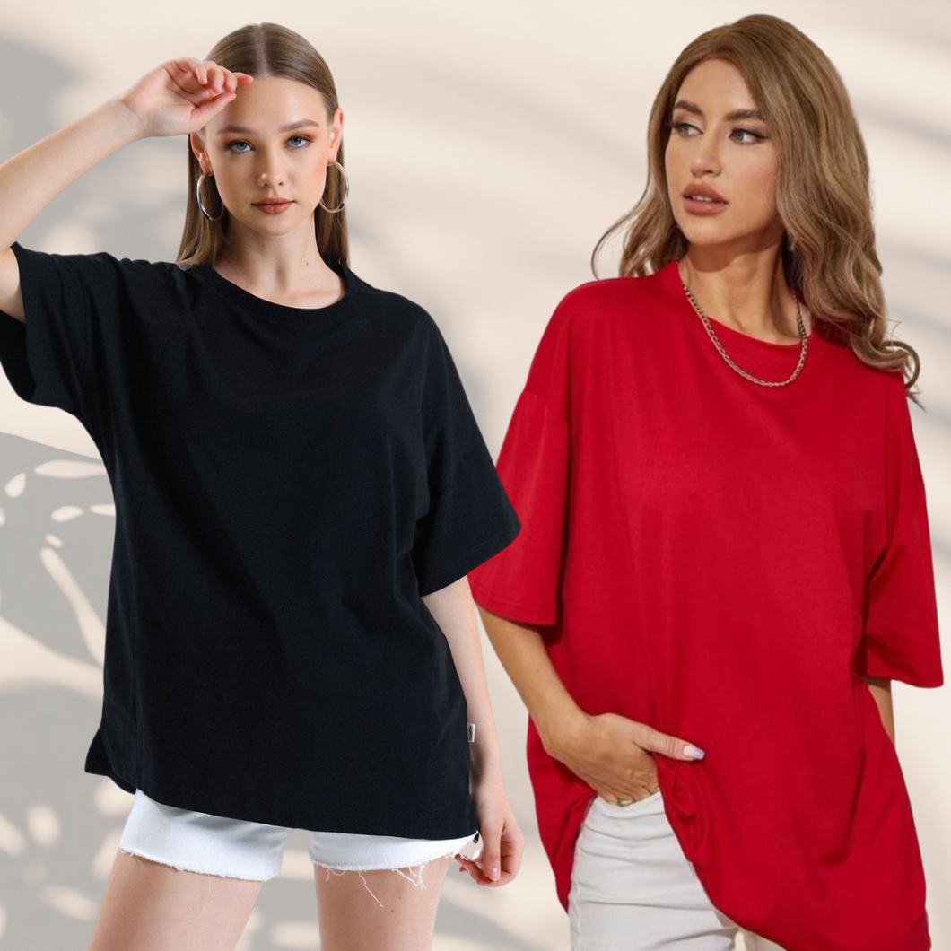 Women's Oversized Solid Black & Red Tshirt Combo